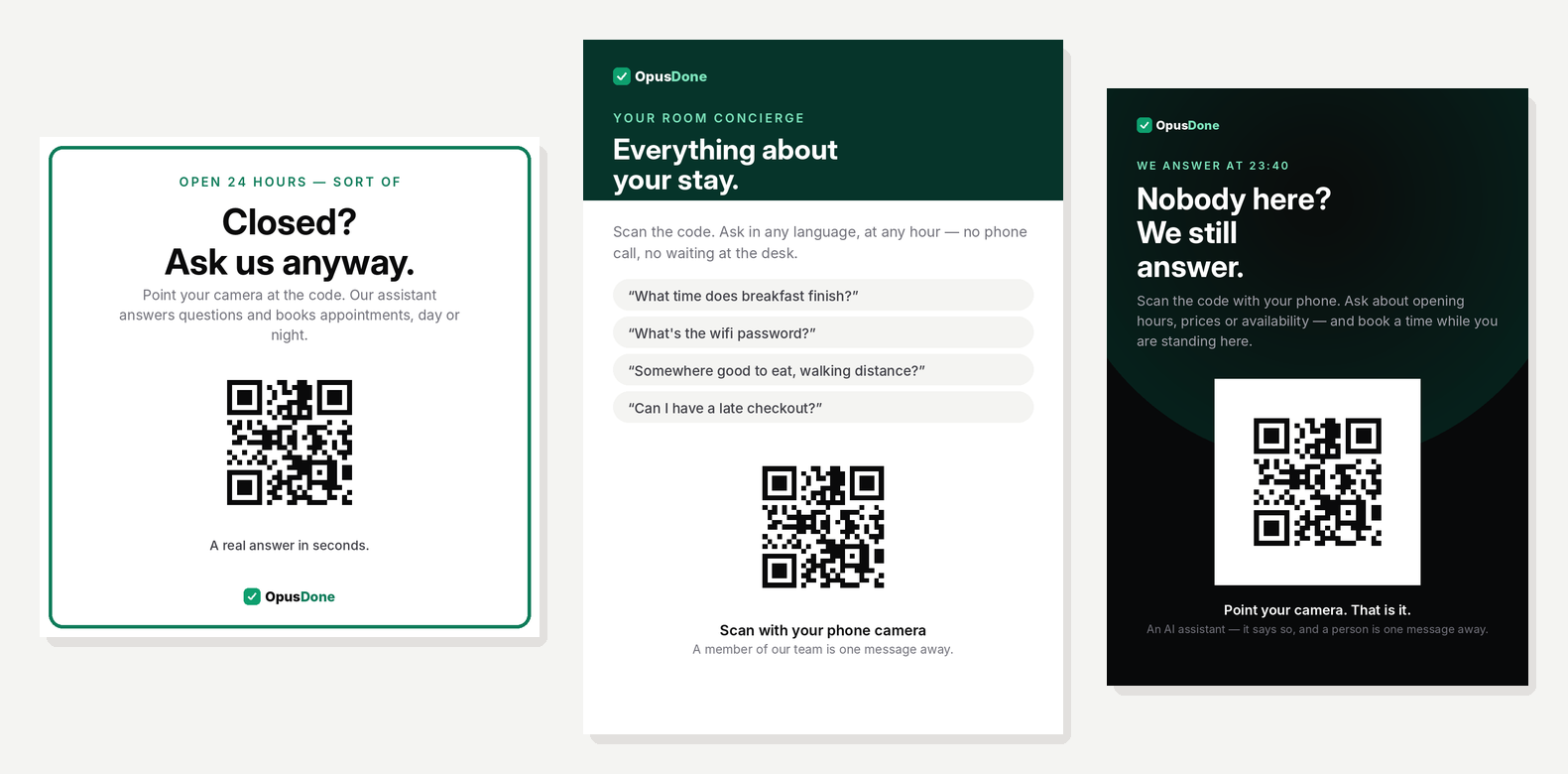 Three printable pieces side by side: a window sticker, a hotel room card and an A4 poster, each carrying the code