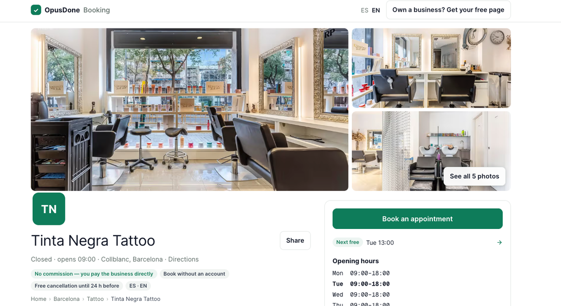 A booking page on its own link: photos, services, opening hours, a Book an appointment button, and a badge reading no commission