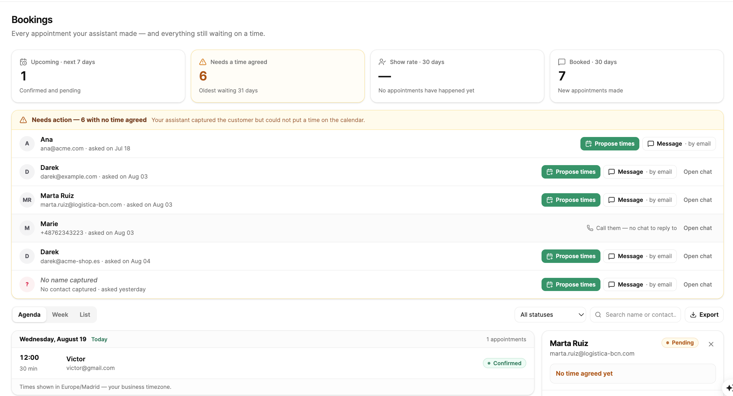 Appointments in the OpusDone bookings screen