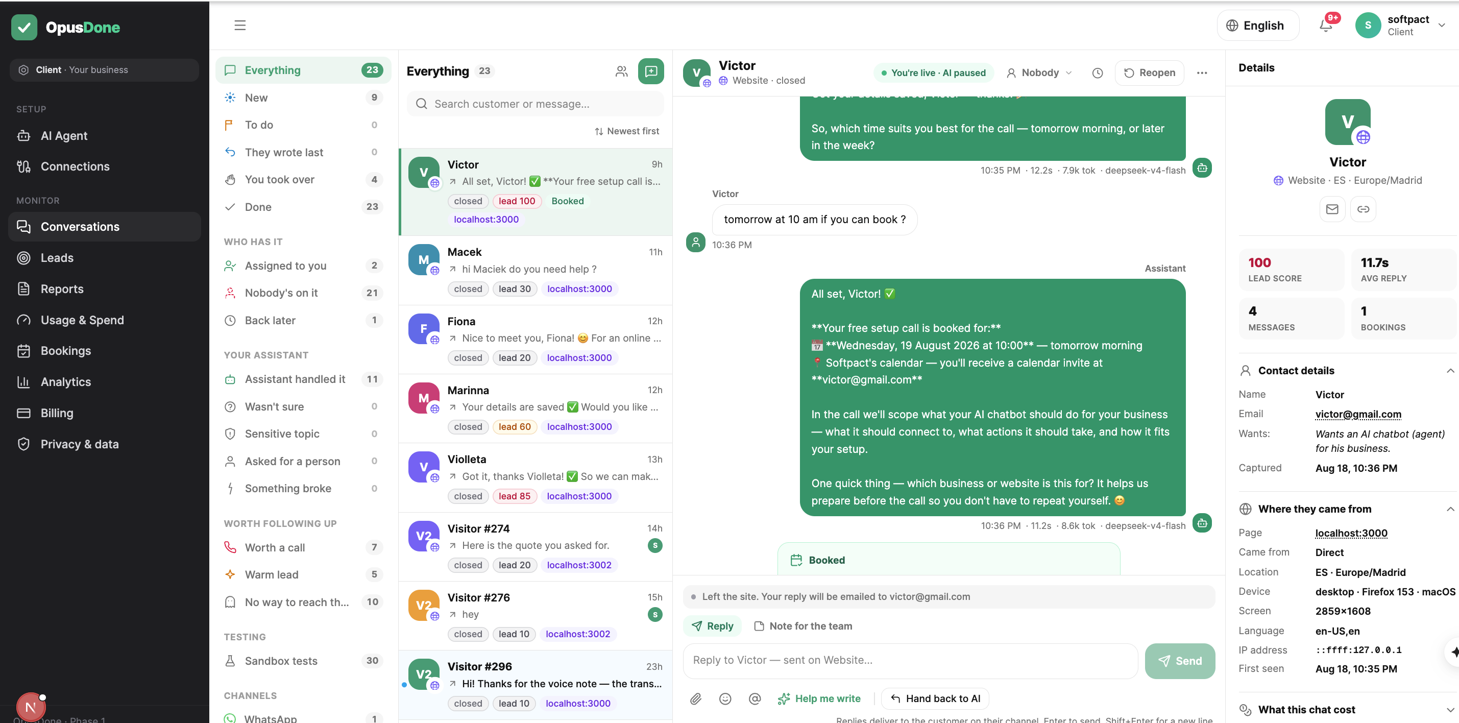 A customer conversation in the OpusDone inbox