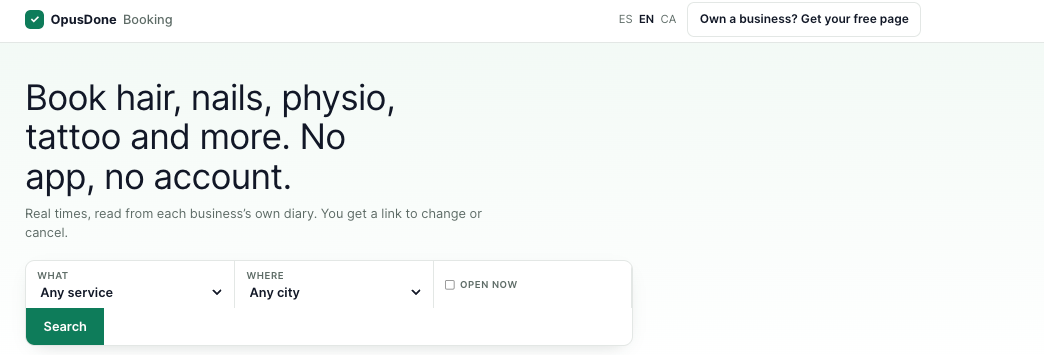 The OpusDone booking directory, searchable by service and by city
