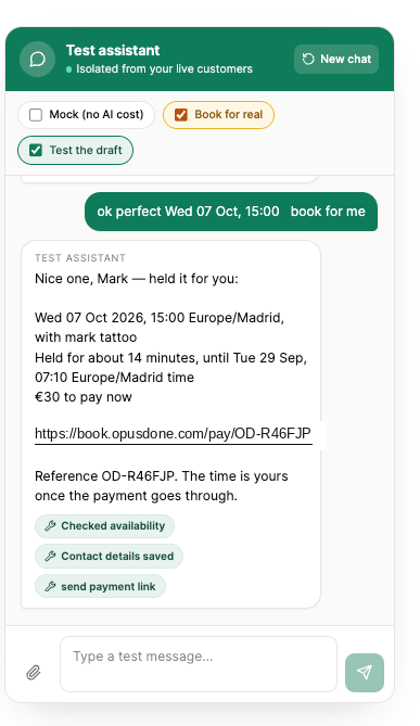 The assistant confirming a time, saying €30 to pay now, and sending a payment link