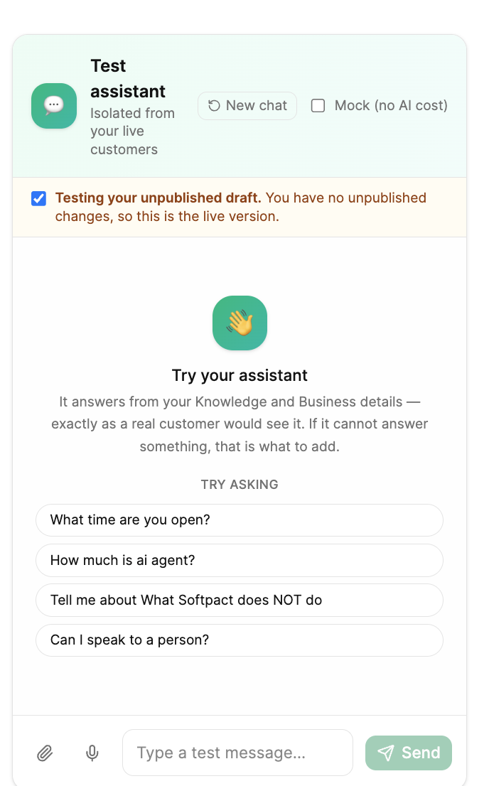Testing an assistant in the OpusDone sandbox